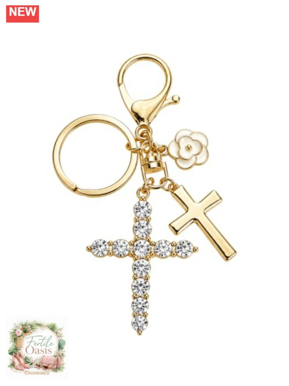Double Cross Rhinestone Keychain Bag Charm Women Christian Purse Charm